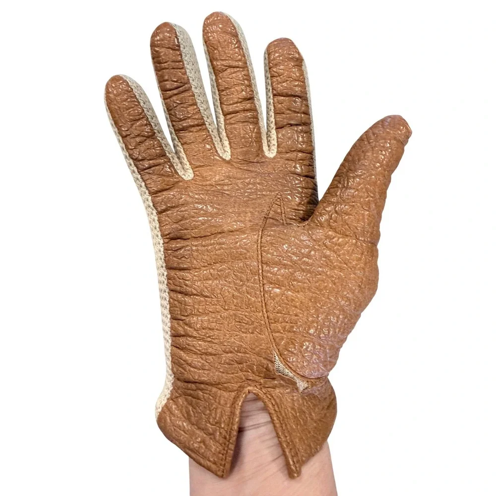 Vintage Aris Snuggler Women's Gloves Size L Brown Textured Leather Knit‎ Trim